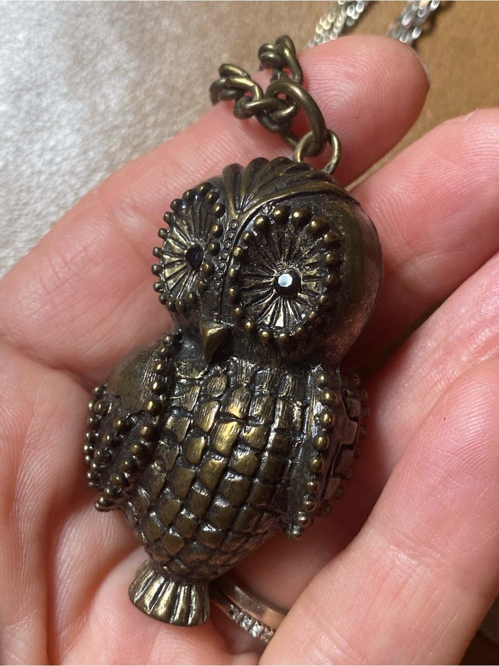 Owl Locket Pendant Necklace 32” Antique Bronze Crystal Eyes Secret Stash